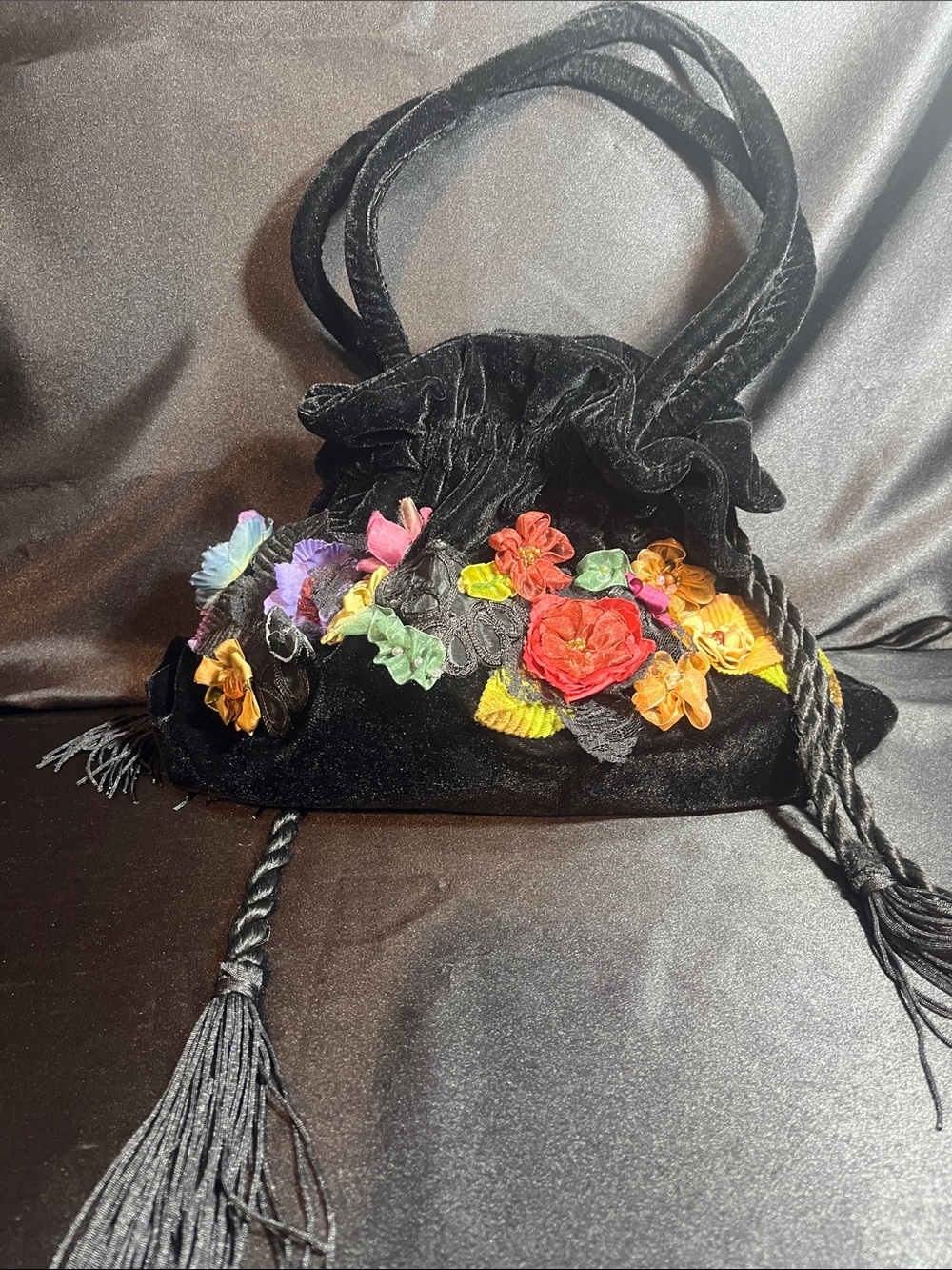 Cappelli Black Velvet Floral Embellished Drawstring Bag